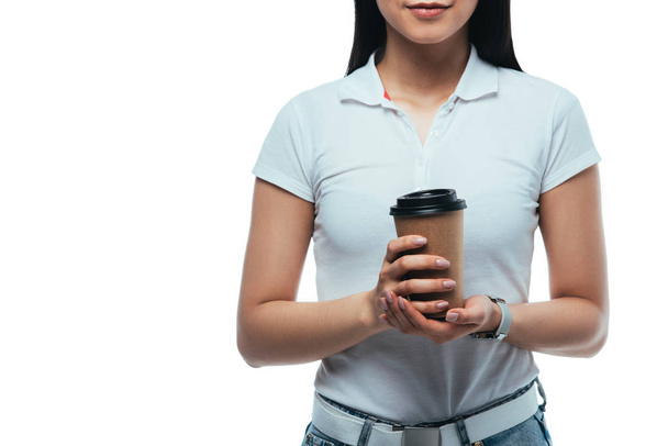 cropped view of attractive asian girl holding paper cup isolated on white - Φωτογραφία, εικόνα