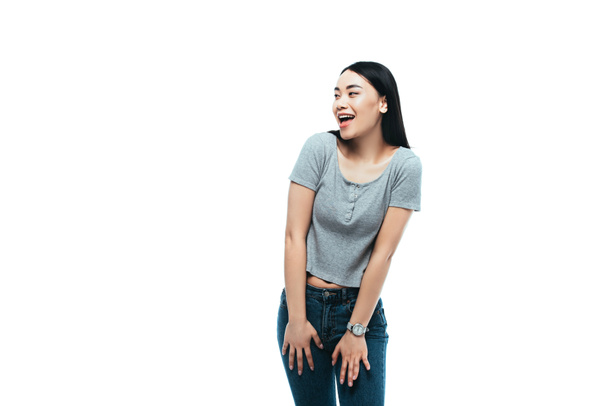 heureux asiatique fille regarder loin isolé sur blanc
 - Photo, image