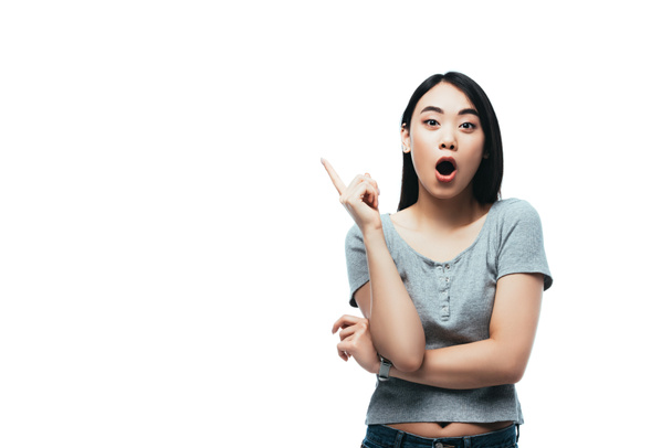 shocked asian girl with open mouth showing idea gesture isolated on white - Фото, изображение