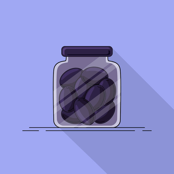 Flache Illustration eines Glases mit Oliven mit langem Schatten. Vektor-Illustration für Design, Web und Dekor - Vektor, Bild
