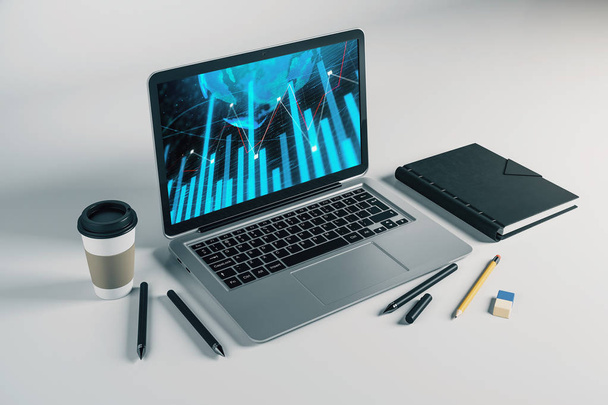 Laptop closeup with forex graph and world map on computer screen. Financial trading and education concept. 3d rendering. - 写真・画像