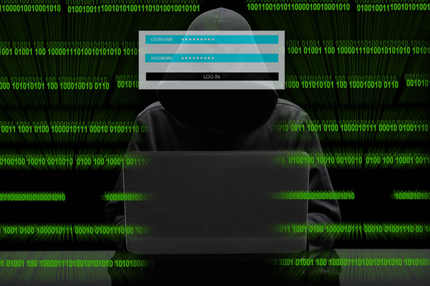 hacker zit aan de balie met wachtwoord en gebruikersnaam open paneel en binaire en codes op transparantie - Foto, afbeelding