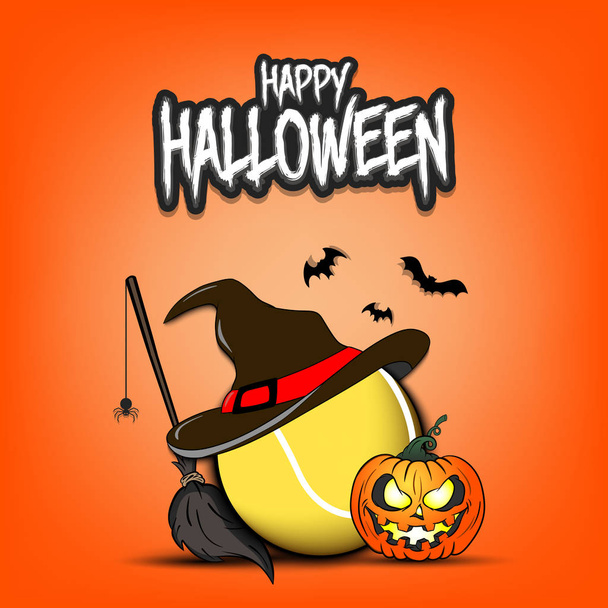 Tennis ball with witch hat and happy Hallowen - Vector, imagen