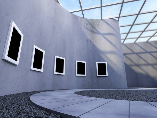 3D renderelés képkeret ívelt falon modern galériában.  - Fotó, kép