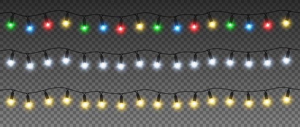 Σετ χριστουγεννιάτικες γιρλάντες με πολύχρωμες λάμπες: κίτρινες, πράσινες, μπλε, κόκκινες, άσπρες. Διανυσματικό εφέ φωτός. Eps 10 - Διάνυσμα, εικόνα