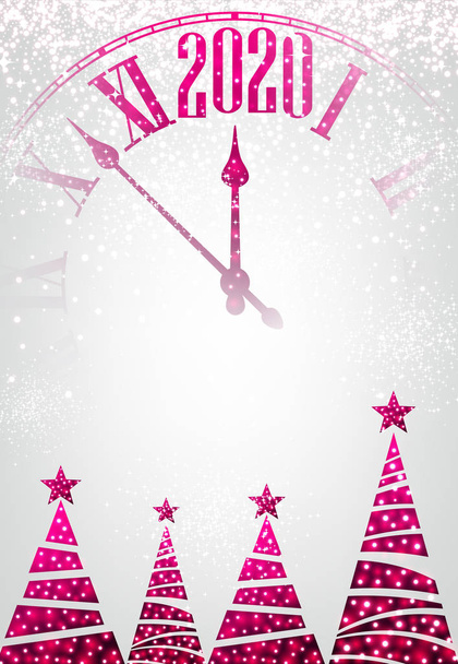 Weiß 2020 Neujahr Hintergrund mit Uhr und Weihnachtsbäumen. - Vektor, Bild