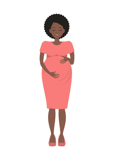 ピンクのドレスを着た妊婦は白い背景に隔離されています。可愛い黒人女性は胃の上で手を握っている。ベクターイラスト - ベクター画像