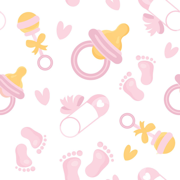 Seamless Pattern of Baby Shower flat icons. Its a Girl frame. Pink Cartoon elements for girls nursery. Cute baby bath repeat cover for textile, wallpaper, printable package design. - Wektor, obraz