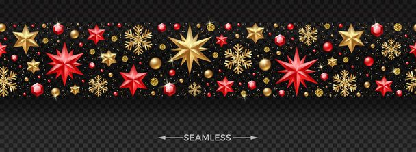 Modèle horizontal sans couture de Noël avec décoration de Noël étoiles, pierres précieuses rubis, flocons de neige dorés, perles et or pailleté
. - Vecteur, image