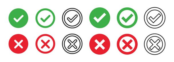 check cross red green isolated vector icons. Flat illustration with red check cross on white background. Green tick, red cross. Flat vector icon. Black check mark icon. Vote symbol tick. - Vector, Image