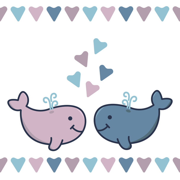 Liebhaber niedliche Wale, rosa und blaue Herzen. Grafiken für Valentinstag-Karten. Zeichentrickvektorillustration. - Vektor, Bild