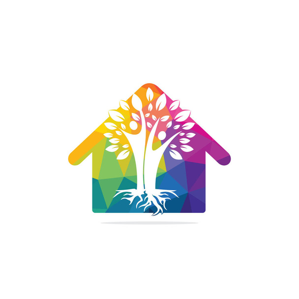 Rodzinne drzewo i korzenie Home Shape Logo Design. Ikona symbolu domu na drzewie rodzinnym Projekt logo - Wektor, obraz