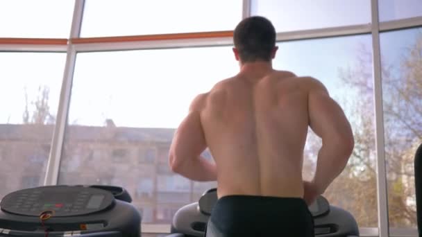 musculoso profesional culturista hombre con el pecho desnudo corriendo en simulador durante el entrenamiento cardiovascular en el gimnasio
 - Imágenes, Vídeo