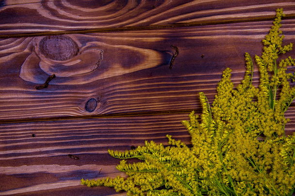 Yellow Grass On A wooden Background - Fotoğraf, Görsel