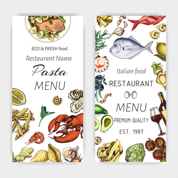 Vektor Illustration Skizze - Pasta. Karte Menü italienisches Restaurant. Banner italienische Küche. - Vektor, Bild