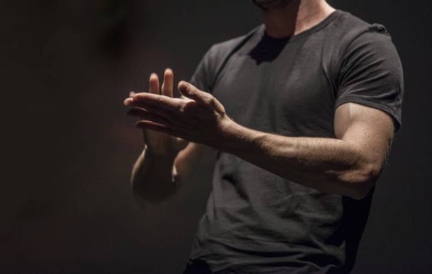 Langage des signes homme interprète gestes sur scène pendant le public
  - Photo, image