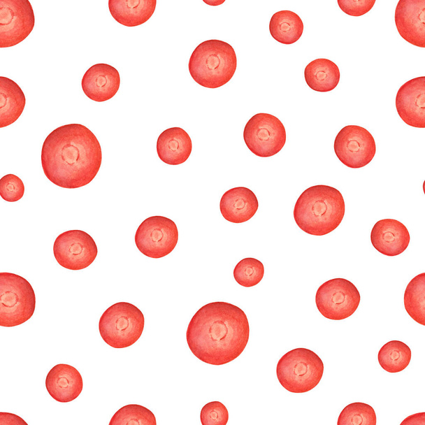 Watercolor cowberry seamless pattern. Hand drawn red berries scattered on white background. Forest plant for design, cards, invitations, wallpaper, wrapping, textile, food packaging. - Foto, Imagem