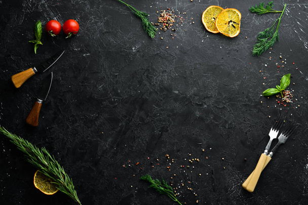 Black Stone Food Background. Cooking Ingredients. Top view. Free space for your text. - Fotografie, Obrázek