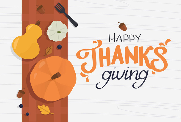 Gelukkige Thanksgiving sms met pompoenen. Herfst Oogst. Platte vormgeving voor wenskaart, poster, web, site, banner, print - Vector, afbeelding