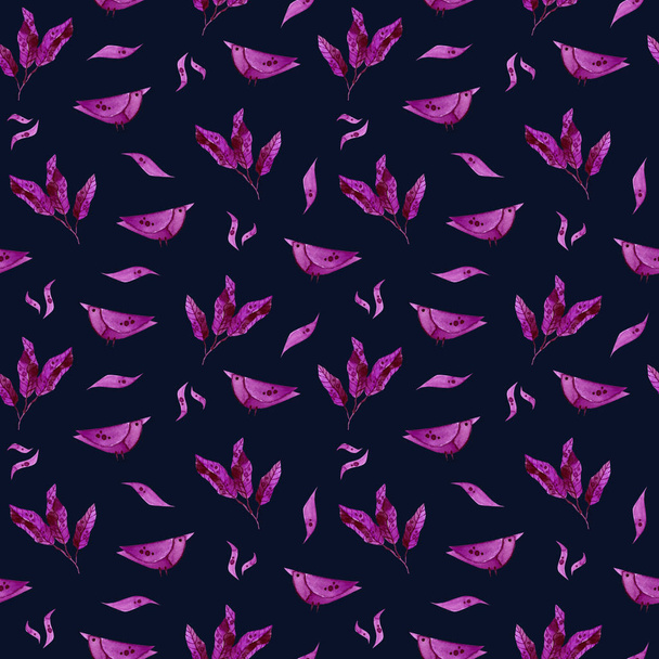 紫色の鳥とシームレスなパターン、葉。手描き水彩イラスト - 写真・画像