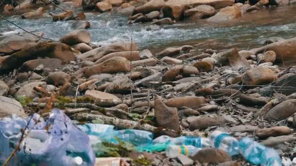 Hora rychlý čistý potok, na skalnatém břehu, který má odpadky, plastové láhve, pytle. Lidský faktor znečištění životního prostředí. Speciální odklon od odpadků - Záběry, video