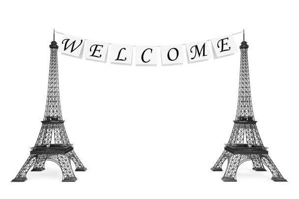 France Tourism Concept. Welcome Sign on the rope with Eiffel Tow - Photo, Image