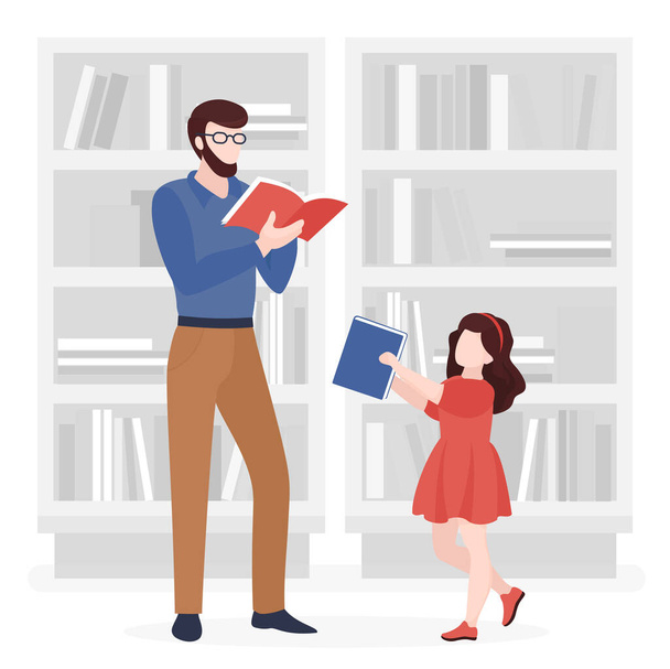 Vater und Tochter lesen Bücher flache Vektorillustration - Vektor, Bild