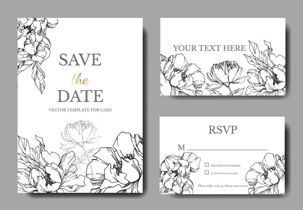 Vector Peony floral botanical flowers. Black and white engraved ink art. Wedding background card decorative border. Thank you, rsvp, invitation elegant card illustration graphic set banner. - Vector, Image