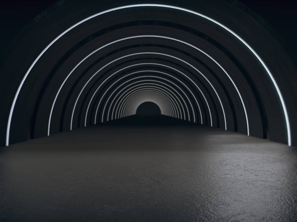 Dlouhý tmavý tunel s futuristickým světlem. - Fotografie, Obrázek