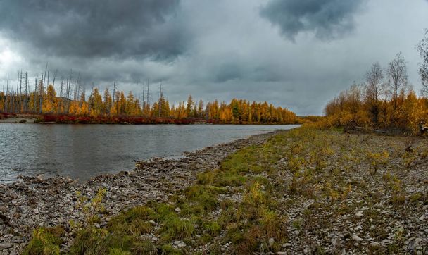 Russia. Far East. The colours of autumn are cold-water rivers of Magadan, tributaries of the Kolyma river - Photo, Image