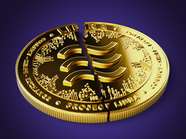 Розбита або потріскана монета Лібри лежить на фіолетовому фоні. Лібра в неприємностях - покинута концепцією інвесторів. 3d рендеринг - Фото, зображення