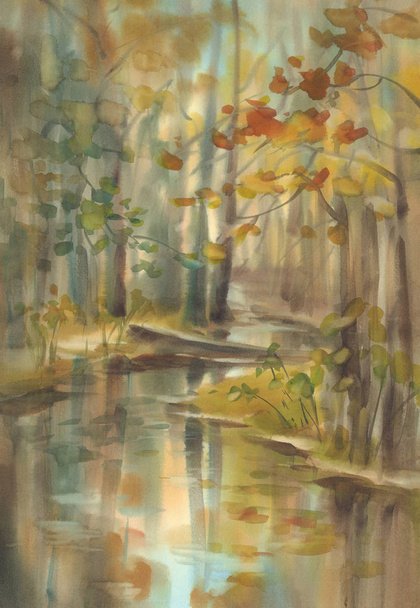 Autumn light in the forest watercolor landscape - Фото, зображення