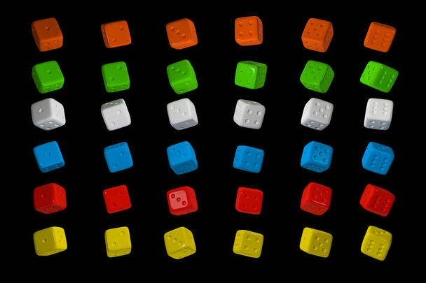 3D render Kaszinó kocka Set. Piros, sárga, zöld, kék és fehér póker kockák elszigetelt fekete háttér. - Fotó, kép
