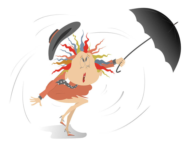 Strong wind, rain and woman with umbrella illustration. Cartoon woman with umbrella on the wind under the rain isolated on white illustration - Vettoriali, immagini