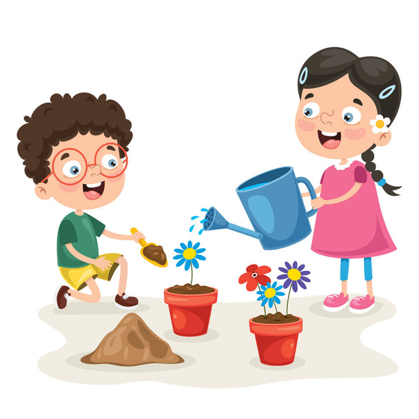Little Children Gardening And Planting - Vector, Image