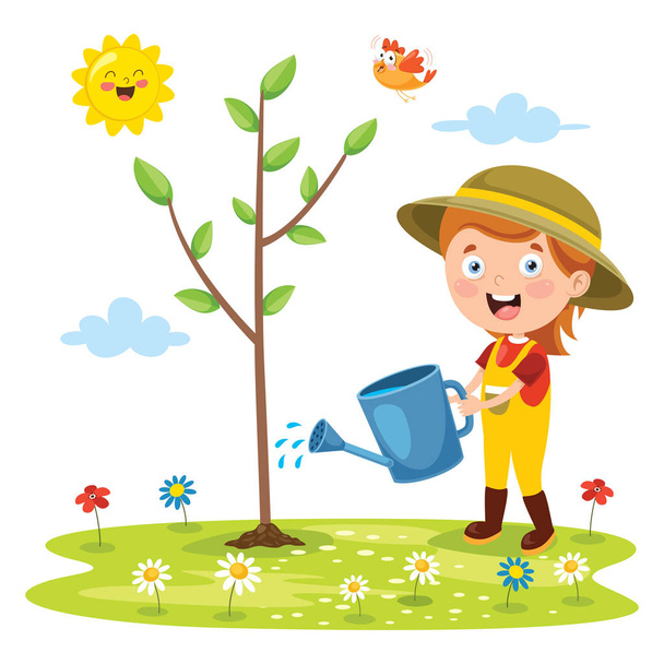 Little Children Gardening And Planting - Vector, Image