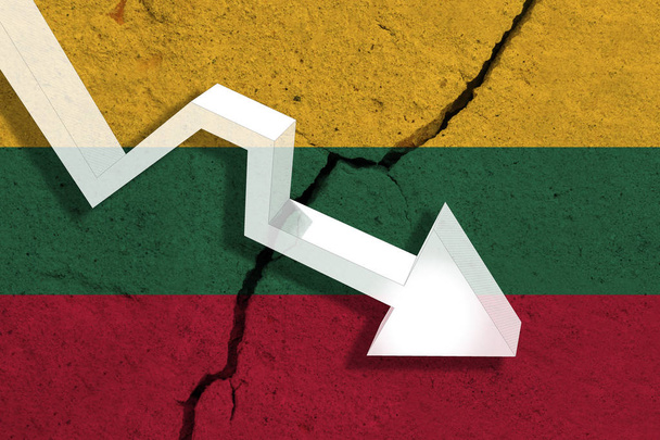 Lithuania Flag on the cracked wall with arrow falling down. Conc - Photo, Image