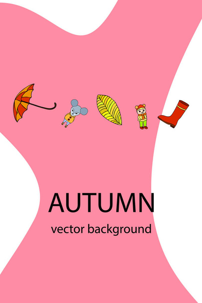 umbrella, mouse, girl, boots, autumn leaf on colorful background - Vector, Image