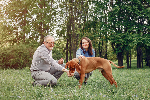 Beautiful couple in a summer forest with a dogs - 写真・画像