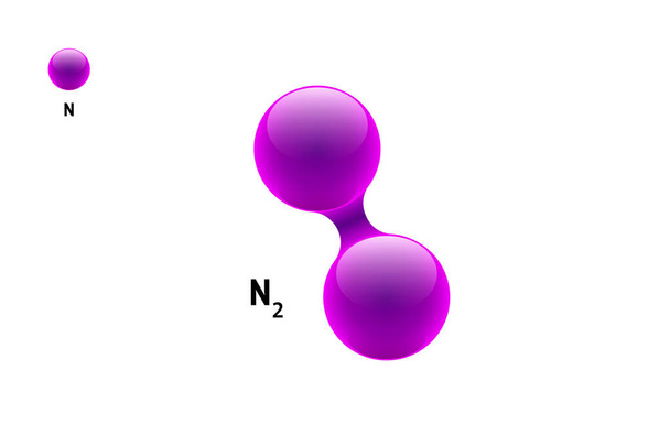 Kemia malli molekyyli typpi N2 tieteellinen elementti kaava. Integroidut hiukkaset luonnollinen epäorgaaninen 3d atsootti molekyylirakenne koostuu. Kaksi volyymi-atomi-vektoripalloa
 - Vektori, kuva