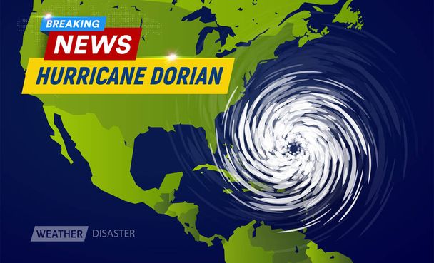 Dorian orkaan cycloon op Usa kaart, tyfoon spiraal storm over Florida, spin vortex op zwarte achtergrond, het laatste nieuws Tv platte vector illustratie. - Vector, afbeelding