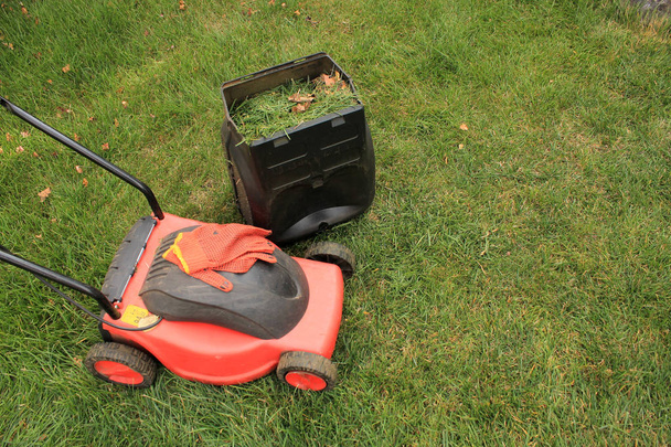 Электрическая газонокосилка с коробкой и перчатками на траве
. - Фото, изображение