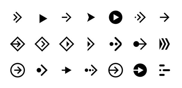 Csúsztassa jobbra nyíl fekete gomb ikon készlet. Alkalmazás és közösségi hálózat görgetés kurzor piktogram web design vagy alkalmazás. Vektor navigáció következő irány mutató ui interfész gyűjtemény illusztráció - Vektor, kép