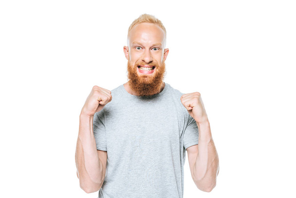 heureux homme barbu triomphant en t-shirt gris, isolé sur blanc
 - Photo, image