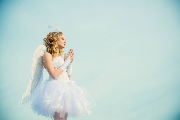 Cherub. Valentines day pray cupid. Heaven. Happy teenage angel girl pray. Festive Art Greeting Card. Girl angel with halo in white angel dress. Cute teen cupid on the cloud - heaven background. - Foto, Imagen