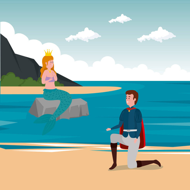 Princ s mořskou pannou ve scéně pohádka - Vektor, obrázek