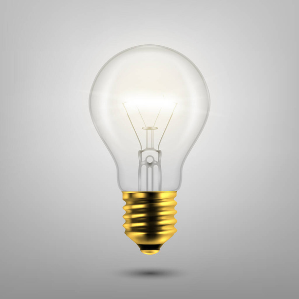 Vector 3d Realistic Golden Turning On Light Bulb Icon Closeup Isolated on Gray Background. Design Template, Clipart. Glowing Incandescent Filament Lamps. Creativity Idea, Business Innovation Concept - Vector, Image