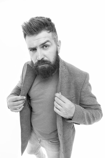 Stylish casual outfit. Bearded hipster stylish fashionable jacket. Man wear casual jacket. Consultation of stylist. Male wardrobe. Modern outfit. I prefer casual style. Menswear and fashion concept - Foto, imagen