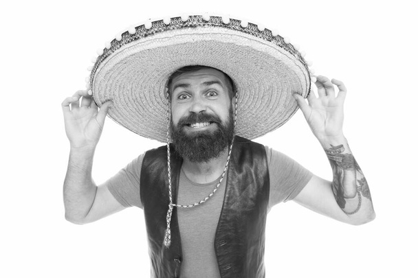 Real macho. Bearded macho wearing sombrero. Mexican macho in south american style. Spanish macho with beard and moustache in traditional mexican costume - Fotó, kép
