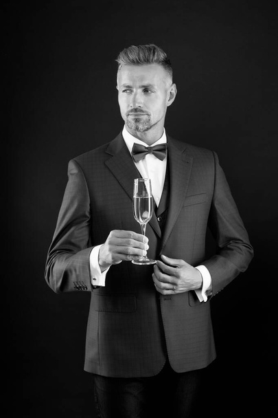 Best wishes. Champagne cheers. Man in suit corporate party. Boss director top manager hold glass champagne. Business celebration. Businessman drink sparkling wine. Celebrate success. Champagne toast - Φωτογραφία, εικόνα